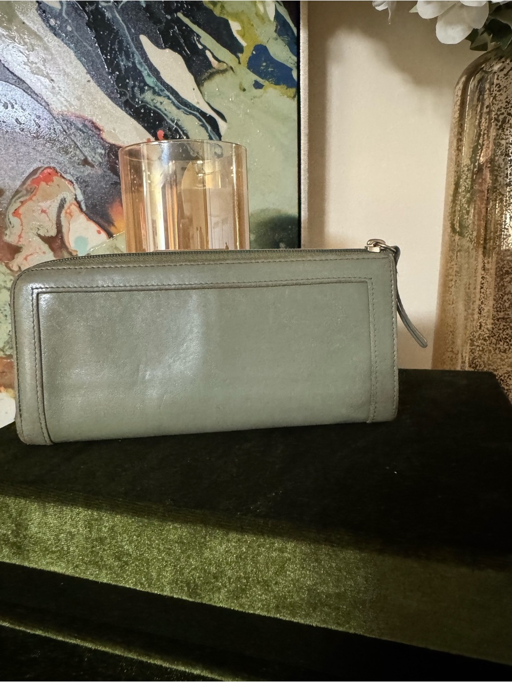 Olive Green Leather Zip Wallet with Gold Turn-Lock - Picture 5 of 12